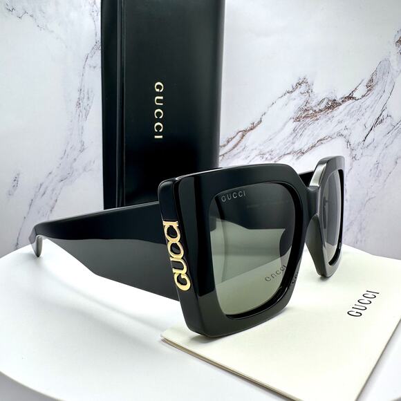 New GUCCI Sunglasses Black Gold Logo Square Oversized 51mm Grey Lens Womens main image 6